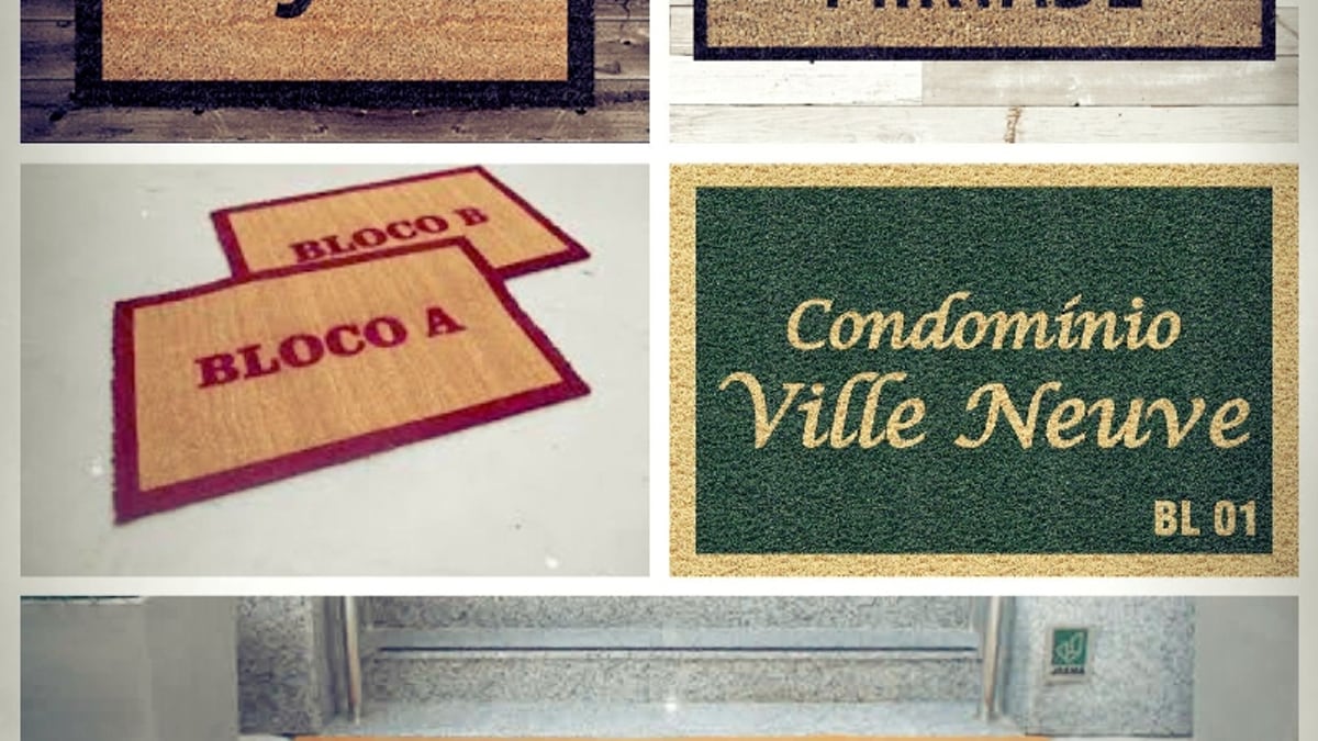 Diferentes tipos de tapete capacho personalizado com nomes de condomínios
